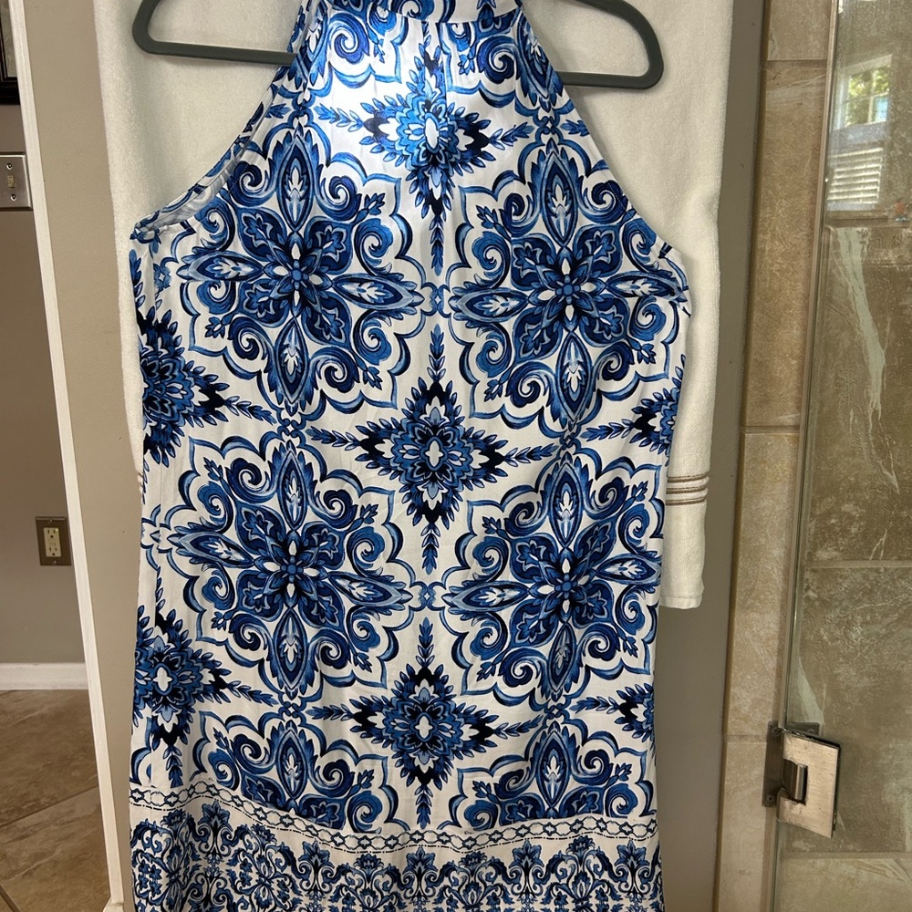 Talbots Elegant Backless Dress with Blue and White Pattern